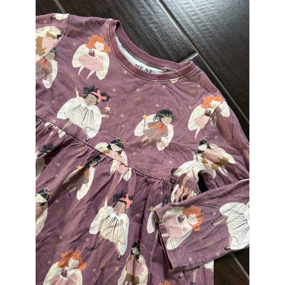 Next Girls Purple Angel Fairy Print Cotton Long Sleeve Jersey Dress 4-5 Years